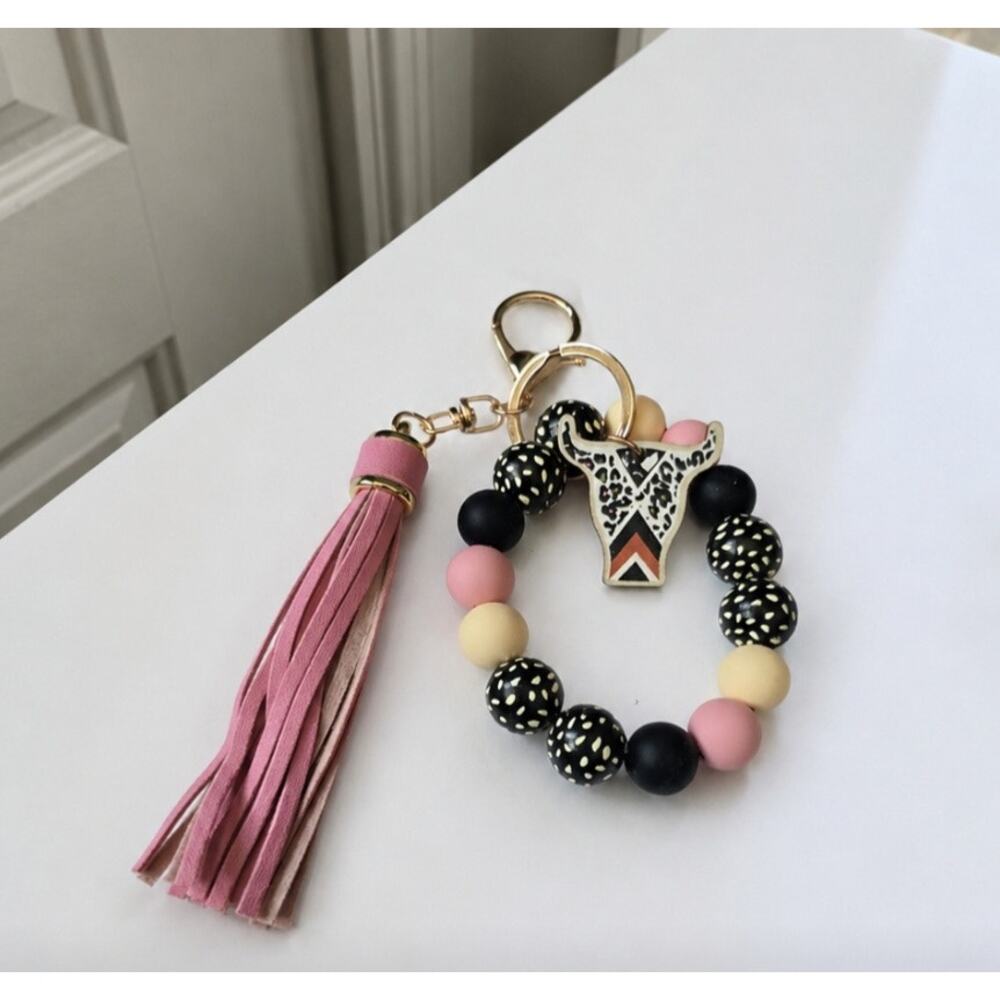 Pink Black Silicone Beaded Wristlet Bag Charm Key Chain New